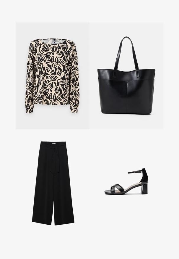 Dugulja s dugim rukavima izrađena od lagane tkanine s crno-bež cvjetnim uzorkom, okruglim izrezom i prilagođenim manžetama.; Crne široke hlače od teksturirane tkanine, s elastičnom pojasom i odvojivim remenom na struku za prilagodivo pristajanje.; Crne sandale s otvorenim prstima i potpeticama, s ukriženim trakama, podesivom narukvicom oko gležnja i masivnom potpeticom, izrađene od glatke kože.; Crna kožna torba s dugim ručkama, glatkom teksturom i strukturiranim oblikom. Ima prednju džep za dodatno pohranu.