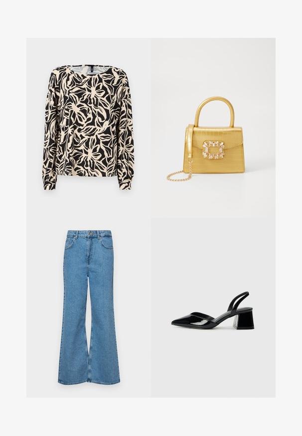 Hosszú ujjú felső, könnyű anyagból készült, fekete és bézs virágmintával, kerek nyakkivágással és szűkített mandzsettákkal.; Világoskék, trapézszárú farmernadrág, magas derékkal, öt zsebbel és egy gombos záródással. Puha tapintású, magasított effektusú anyag.; Fekete lakk bőr szandálkés magas sarkú cipő, hegyes orral és geometrikus tömbsarkakkal. Karcsú, minimalista dizájn és sima textúra jellemzi.; Sárga műbőr krokodil mintás kézitáska strukturált kialakítással, felső fogantyúval, leválasztható lánccal és díszes kristály díszítéssel a záron.