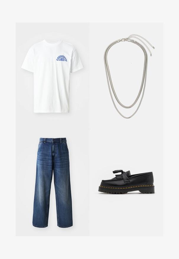 White cotton t-shirt with short sleeves, featuring a blue graphic print on the left chest area. Simple crew neck design.; High-waisted blue denim jeans with a wide-leg design, featuring subtle fading, front pockets, and a button closure at the waist.; Black leather loafer with a tasseled accent, featuring a chunky black sole and yellow stitching along the edge. Textured finish.; Three-layered silver metal necklace featuring sleek, flexible chains with a slight sheen, secured with a lobster clasp and adjustable chain.