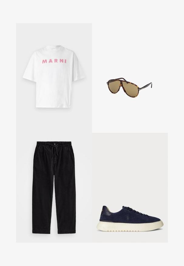 Balts kokvilnas T-krekls ar vārdu "MARNI" sarkanas un rozā raibumu pārbaudē. Īsas piedurknes un brīvs griezums.; Melnas korduroja bikses ar brīvu piegriezumu, ar elastīgu jostu un auklu, kā arī sānu kabatām. Audumam ir ribota tekstūra.; Jūras kara flotes zamšādas zemas kedas ar strukturētu virsmu, gumijas zoli un tonālām šņorēm, ar mazu logotipu uz sāna un papēža.; Tortoiseshell saulesbrilles ar brūnām lēcēm, aviatora stila, ar elegantu apmales dizainu un metāla akcentiem uz tempļiem.