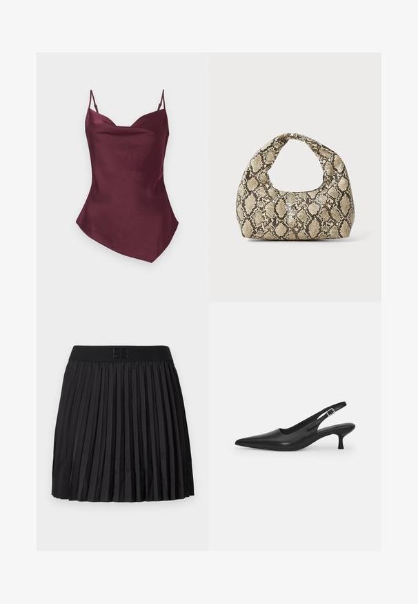 Burgunderfarbene Satin-Camisole mit dünnen Trägern, V-Ausschnitt und leicht asymmetrischem Saum, glatter Textur und figurnaher Silhouette.; Schwarzer gefälteter Rock mit glatter Textur, ausgestattet mit einem einfarbigen schwarzen Bund und einem eingeprägten Logodetail auf der Vorderseite.; Schwarzer Leder-Slingback-Schuh mit spitzer Zehenform und schmalem, geschwungenem Absatz. Verfügt über einen unauffälligen verstellbaren Riemen mit einer Metallschnalle.; Schlangenmuster-Tasche mit einem gebogenen Griff. Hergestellt aus strukturierten, beige- und braunfarbenen Materialien, die ein markantes Diamantmuster aufweisen.