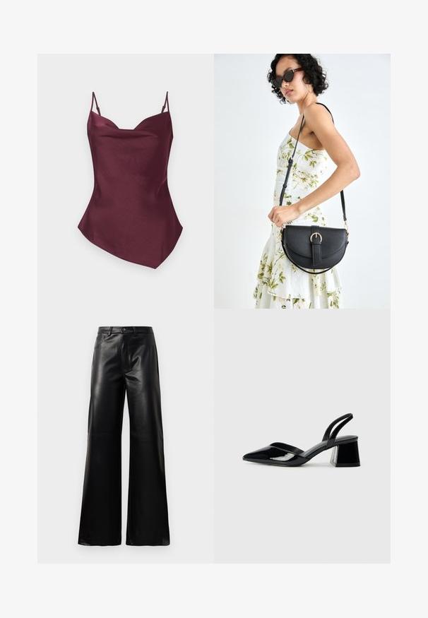 Burgunderfarget satinkjole med tynne stropper, som har v-hals og en litt asymmetrisk nederkant, glatt tekstur og tett passform.; Sorte høy midje vide ben bukser i imitert skinn med knapp foran, glidelås, beltehemper og sidelommer på hvit bakgrunn.; Svarte patentlær slingback hæler med spiss tå og geometrisk blokk hæl. Har et stilrent, minimalistisk design og jevn tekstur.; Svart lærveske med en buet form, avtagbar stropp og gullbeslag. Vesken har et klaff med spenne-detall.