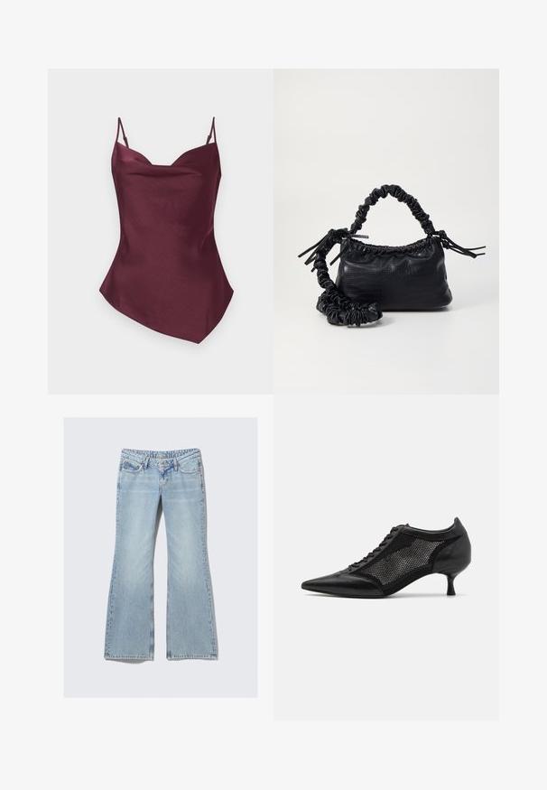 Burgundy satin camisole with thin straps, featuring a v-neck and a slightly asymmetrical hemline, smooth texture, and fitted silhouette.; Weekday NOVA - Slim fit jeans - lip blue; Black pointed-toe shoe with a mesh panel design, featuring a low heel and lace-up front. Made from a combination of leather and mesh material.; Black faux leather handbag with a crocodile texture, cinched top, and a scrunched strap. Appears soft and compact in design.