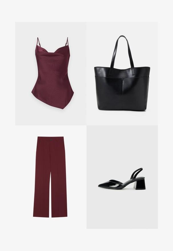 Camisola de cetim borgonha com alças finas, com decote em V e uma bainha ligeiramente assimétrica, textura suave e silhueta ajustada.; Calças bordô com um design de perna larga, apresentando fecho de botão, dois bolsos laterais e detalhes pregueados na parte da frente. Textura de tecido suave.; Sandy em verniz preto com salto slingback, ponta afilada e salto geométrico. Apresenta um design elegante e minimalista com textura suave.; Bolsa tote preta em couro com duas alças longas, textura suave e forma estruturada. Apresenta um bolso frontal para armazenamento adicional.