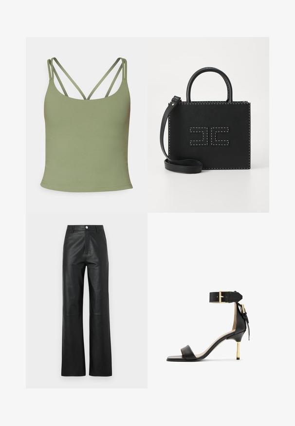 Top verde măsliniu, cu design ajustat, având bretele subțiri reglabile și o textură netedă, elastică. Stil minimalist, fără modele.; Pantaloni din piele neagră cu o textură netedă, design cu picioare largi, închidere frontală cu buton și detalii de cusătură subtile.; Sandal cu toc înalt din piele neagră, cu vârf pătrat, curea pentru glezna cu cataramă aurie și toc metalic subțire. Textură netedă, design minimalist.; Elisabetta Franchi WOMEN'S BAG - Geantă de mână - nero