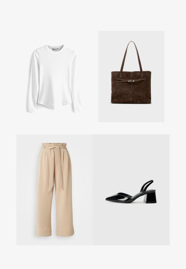 Vit långärmad, ribbad T-shirt med rundad nederkant och sidoflikar, tillverkad av ett mjukt och texturerat tyg.; Beige vida byxor med bälte i midjan, tillverkade av texturerad tyg. Har en framtill plissning och en slät finish längs hemsömmen.; Svarta lackläder slingback klackar med spetsig tå och geometrisk klack. Har en elegant, minimalistisk design och slät yta.; Brun mocka toteväska med långa handtag, med en platt kropp och ett dekorativt band med silverfärgade detaljer.
