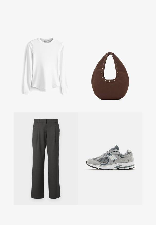 White long-sleeve, ribbed crewneck t-shirt with a rounded hem and side slits, made from a soft, textured fabric.; Dark gray formal trousers with straight legs, belt loops, and front pleats, displayed against a white background.; Gray sneaker with mesh and suede materials, featuring a white logo, padded collar, and textured rubber sole. Accents in darker gray.; Brown tote bag with a curved shape, featuring a large cutout handle adorned with silver studs along the edge. Made of soft fabric.