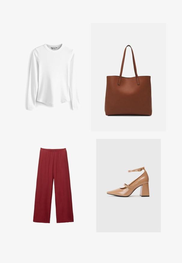 Witte lange mouwen, geribbelde crewneck t-shirt met een ronde onderrand en zijsplitten, gemaakt van een zachte, gestructureerde stof.; Wijdvallende broek gemaakt van een gestructureerde, lichtgewicht stof in een dieprode kleur, met een knoopsluiting en een elastische tailleband voor comfort.; Beige lakleren hoge hakken met een puntige neus, een enkelbandje en een chunky vierkante hak. Gladde textuur met een glanzende afwerking.; Bruine leren tote bag met een gladde textuur, een ontwerp met een open bovenkant en twee schouderbanden. Kenmerkt zich door minimale stiksels en geen zichtbare hardware.