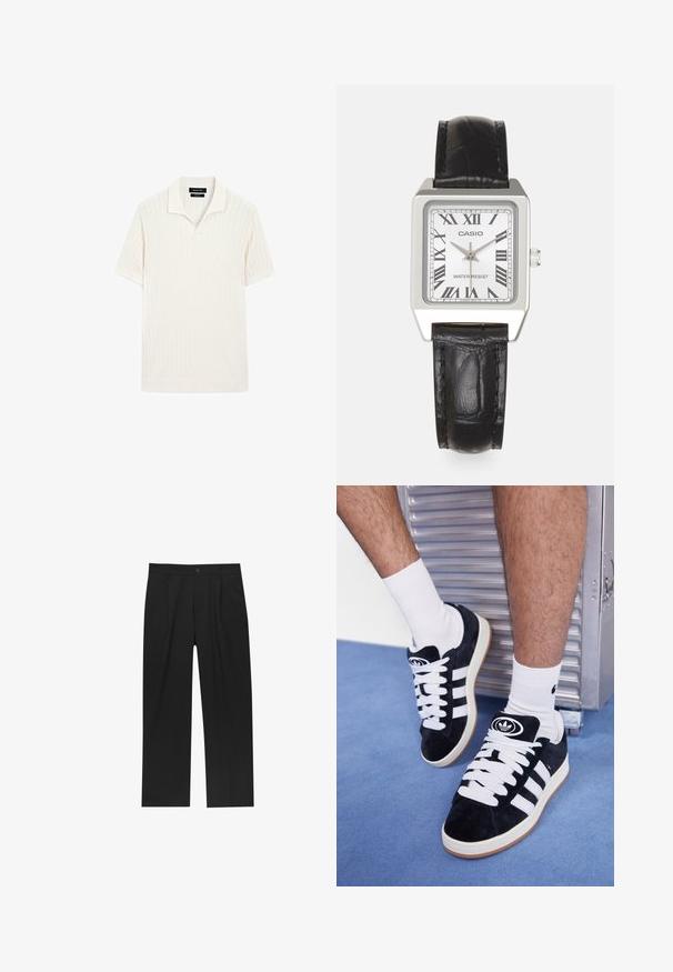 Polo tričko s krátkým rukávem v krémové barvě s žebrovanou texturou a plochým límcem. Má rovný spodní lem a měkký materiál pro pohodlí.; Černé kalhoty s rovnými nohavicemi, vyrobené z hladké tkaniny. Mají přední záhyby a jedno knoflíkové zapínání v pase.; Černé semišové tenisky s bílými tkaničkami a třemi bílými pruhy. Mají kulatou černou logo na jazyku a gumovou podrážku.; Stříbrné čtvercové hodinky s bílým ciferníkem, černými římskými číslicemi a textem "ODOLNÉ VŮČI VODĚ". Černý kožený řemínek s texturovaným povrchem.
