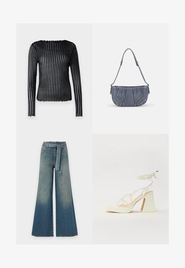 ONLY ONLFELINA - Hosszú ujjú felső - black; Bőszárú farmernadrág, világos és sötétkék árnyalatokkal, magas derekú, övgyűrűkkel és a nadrággal megegyező anyagú övvel. Textúrált farmer kivitel.; Fehér, magassarkú szandál vastag sarokkal, pántos dizájnnal és bokapánttal. Sima textúra, elülső platformmal a megnövelt magasság érdekében.; Kék színű farmer válltáska plisszált dizájnnal, ezüst szegecsek a szélek mentén, texturált pánttal.