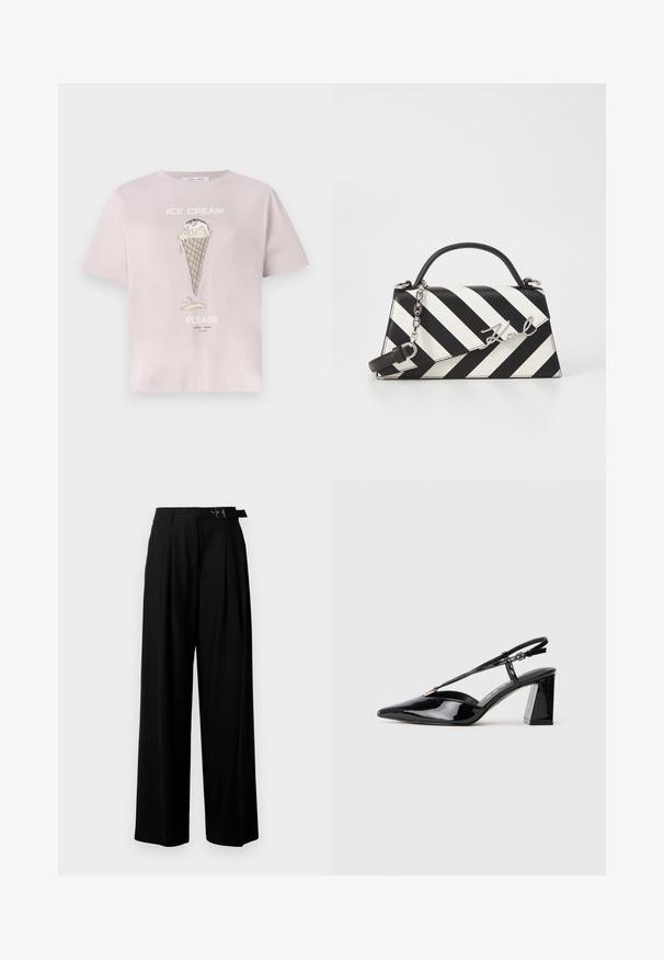 Svijetložeruza pamučna majica s grafikom sladoleda s kapljicama. Natpis glasi "SLADOLED MOLIM" u bijeloj boji. Kratki rukavi, opušteni kroj.; Crne široke hlače s visokim strukom, nabranima sprijeda i remenom s kopčom. Izrađene od glatkog, laganog materijala.; Crne lakirane kožne cipele s otvorenom petom, visoke potpetice, šiljastog prsta, podesivom trakom i debelim pravokutnim potplatom.; Crno-bijela prugasta torba s čvrstim oblikom, koja ima ručku na vrhu, odvojivu lančanu naramenicu i metalni logo akcent.