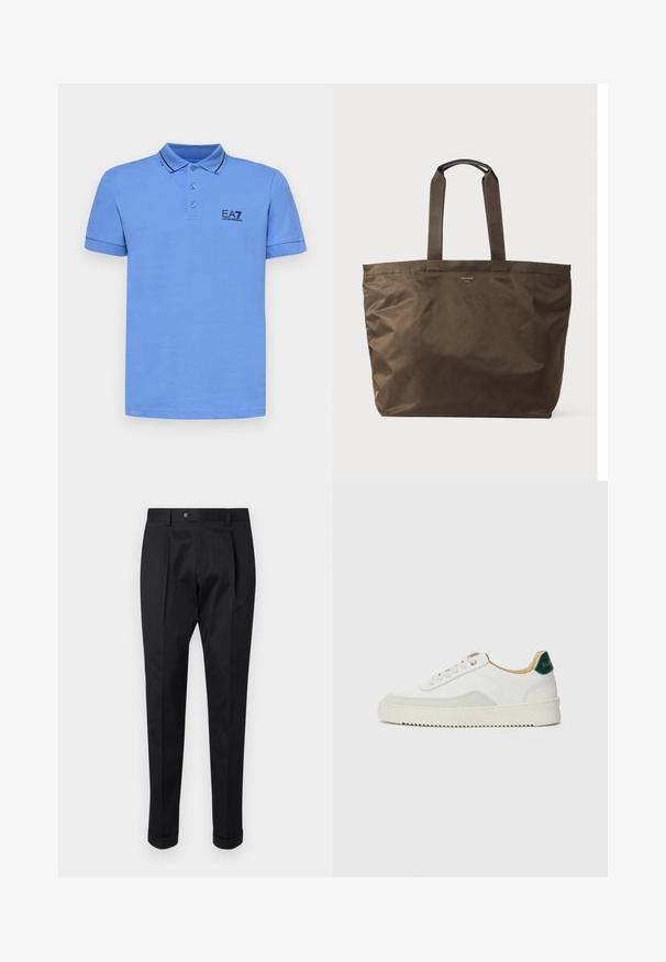 EA7 Emporio Armani TRAIN CORE - Polo marškinėliai - granada sky; Juodos kelnės pagamintos iš lygaus audinio, su raukšle priekyje, mygtuko uždarymu ir suknežintomis rankovėmis ties kulkšnimi.; Baltos sportbačiai su zomšos akcentais, apvaliu nosiu, plokščiais raišteliais ir kreminės spalvos guminiu padu. Ant kulno yra žalia ženklinimo detalė.; Ruda nailono pirkinių krepšys su dviem audinio rankenomis ir lygiu paviršiumi. Priekyje minimaliai žymėtas prekės ženklu.