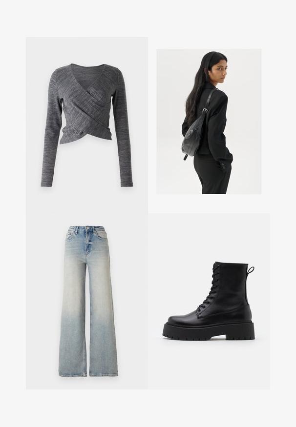 Grauer Langarm-Wickeloberteil mit V-Ausschnitt; verfügt über ein strukturiertes Strickmuster und eine figurbetonte Silhouette mit einem überlappenden Vorderdesign.; Hellblaue weit geschnittene Jeans aus Denim, mit hoher Taille, fünf Taschen und sichtbaren Nähten entlang der Säume.; Schwarze Lederstiefeletten mit runder Zehenpartie, Schnürung vorne und einer dicken Gummisohle mit strukturiertem Profil. Mit Zugschlaufe an der Rückseite.; Frau mit langen dunklen Haaren, die einen schwarzen Anzug trägt und eine schwarze Lederschultertasche hält, schaut über ihre Schulter vor einem weißen Hintergrund.