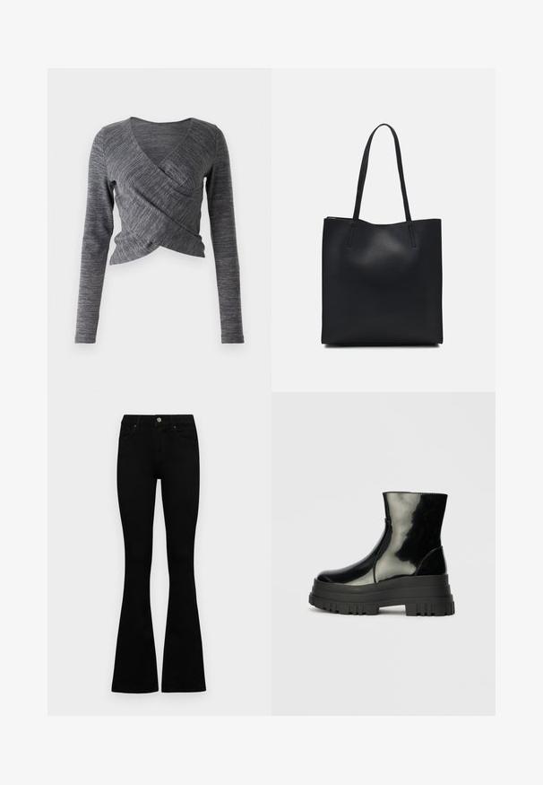 Pilkas ilgomis rankovėmis užsisegantis megztinis su V formos iškirpte; turi tekstūruotą mezginį ir prigludusią siluetą su persidengiančiu priekiu.; Juodos aukšto liemens džinsai su mygtuku ir užtrauktuku, priekinėmis kišenėmis ir platėjančiomis kojomis, išdėstyti ant baltos fono.; Juodas blizgus kulkšninis botas su storu iškilniu padu ir apvaliu pirštu, šoninis vaizdas ant vientiso šviesiai pilko fono.; Juodas odinis tote krepšys su lygia tekstūra, stačiakampio formos ir dviem ilgais rankenomis. Matomų metalinių detalių ar puošybos nėra.
