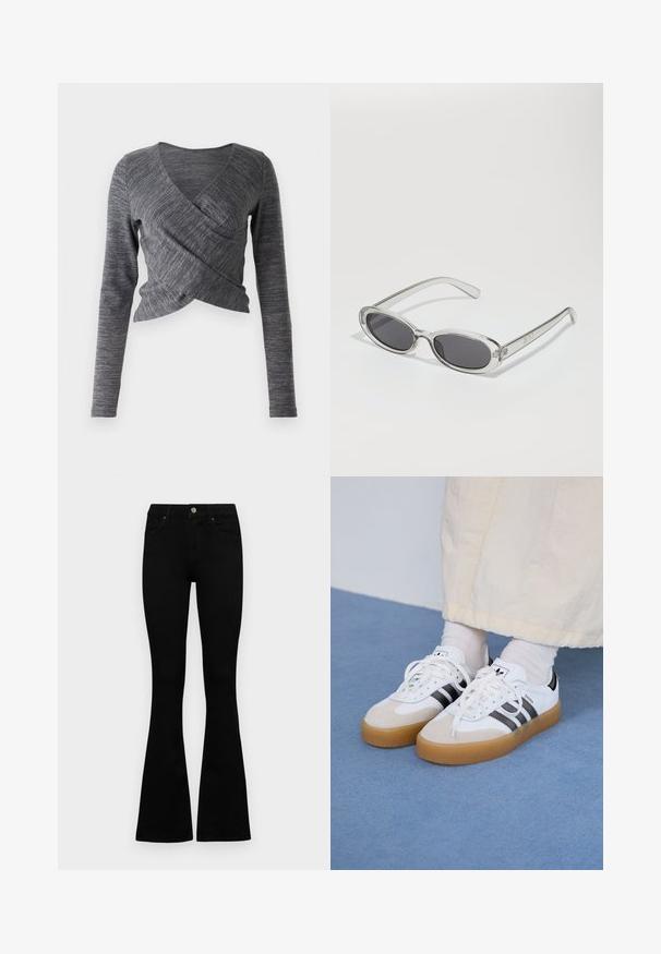 Pulover lung gri cu mânecă lungă și decolteu în V; are un model texturat din tricot și o siluetă ajustată cu un design frontal suprapus.; Jeans negri cu talie înaltă, cu închidere prin nasture și fermoar, buzunare frontale și picioare evazate, așezați pe un fundal alb.; Adidași albi cu dungi negre și accente din suede bej. Au talpă din cauciuc texturat și șireturi albe plate, purtați cu șosete de culori deschise.; Ochelari de soare cu formă ovală, ramă din plastic transparent, lentile gri închis și brațe subțiri transparente cu accente de logo și detalii minime.
