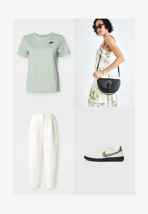 Nike Sportswear CLUB TEE - T-shirts - jade horizon; Høytlivede, smale hvite bukser med skjult frontlukking og sidelommer, vist mot en ensfarget hvit bakgrunn.; Nike Sportswear FIELD GENERAL - Joggesko - off-white/black; Svart lærveske med en buet form, avtagbar stropp og gullbeslag. Vesken har et klaff med spenne-detall.