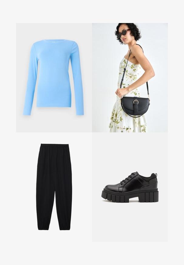 GAP CREW - Long sleeved top - union blue; Black, lightweight pants with an elastic waistband and gathered ankles. The fabric is smooth and features a relaxed, tapered design.; Black leather platform shoes with a chunky block heel, round toe, and traditional lace-up design. Features smooth texture and minimal detailing.; Black leather handbag with a curved shape, detachable strap, and gold hardware. The bag features a flap with a buckle detail.