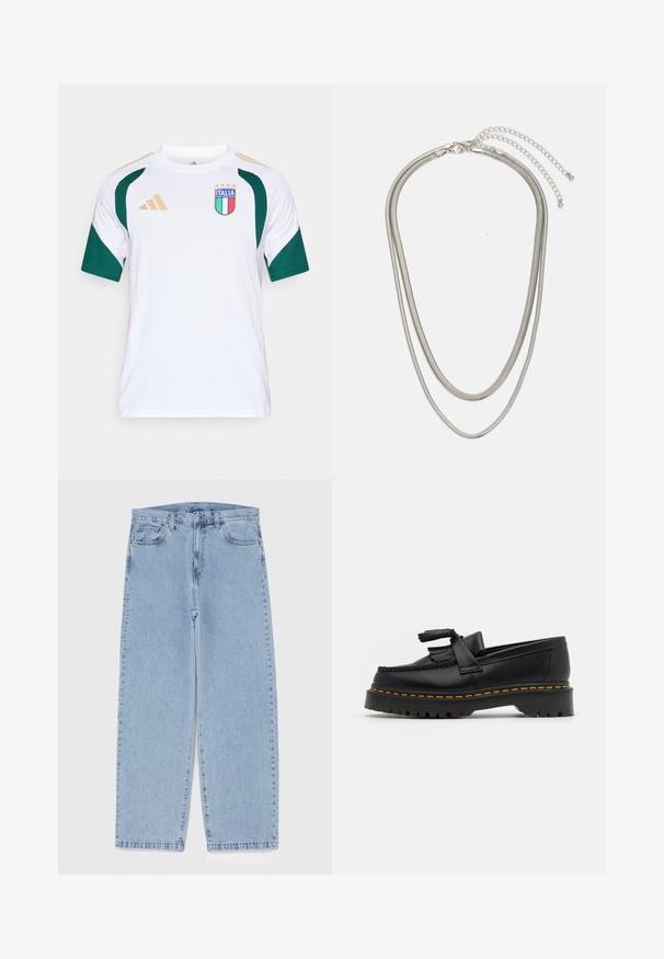 Camisola desportiva branca de manga curta com detalhes verdes, apresentando um logótipo azul e vermelho com "ITALIA" e quatro estrelas douradas, e riscas douradas nos ombros.; Jeans de denim azul claro com design de perna reta, apresentando uma cintura de altura média, cinco bolsos e um fecho de botão e zíper.; Mocassim de couro preto com um detalhe de franjas, apresentando uma sola preta robusta e costura amarela ao longo da borda. Acabamento texturizado.; Colar de metal prateado em três camadas, com correntes flexíveis e elegantes que possuem um leve brilho, fechado com um fecho de lagosta e corrente ajustável.