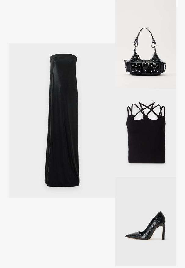 Débardeur noir à côtes avec plusieurs bretelles croisées au dos. Le tissu est lisse avec une silhouette ajustée et un col rond.; Robe maxi noire sans bretelles en tissu lisse et brillant. Présente un corsage ajusté et une silhouette fluide, atteignant le sol sans embellissements.; Escarpin noir à bout pointu avec texture en cuir de crocodile, présentant un design élégant, un haut talon aiguille et un intérieur noir lisse.; Sac à main en cuir noir au design courbé, avec des clous en argent, une boucle et deux poches latérales. Bandoulière réglable pour différentes options de transport.