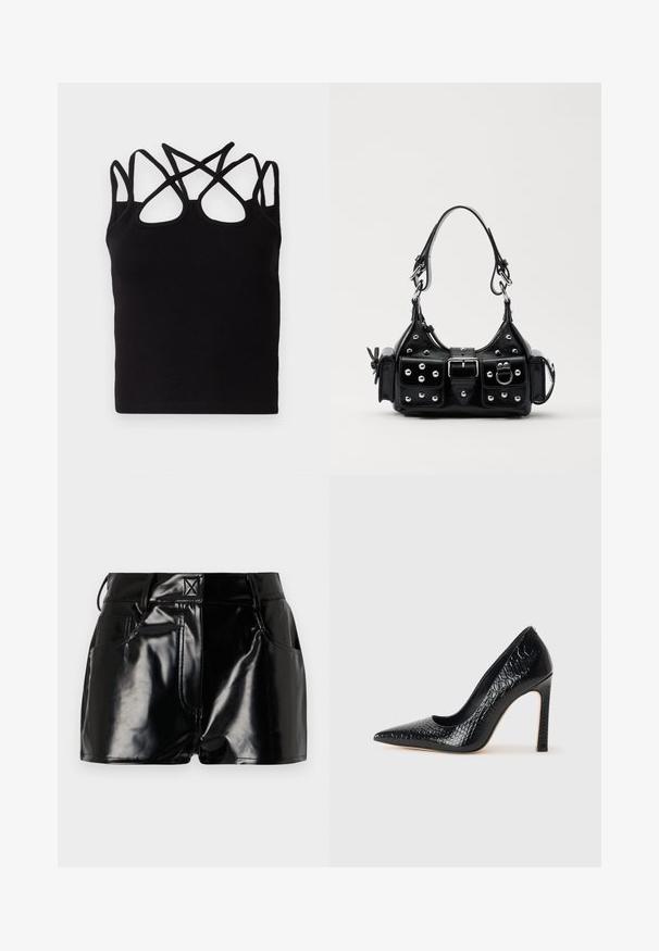 Mustan ribbikankaisen tanktopin takaosassa on useita ristikkäisiä hihnoja. Kangas on sileää, ja siinä on vartalonmyötäinen leikkaus sekä pyöreä pääntie.; Lyhyet mustat kiiltävät shortsit, jotka on valmistettu synteettisestä materiaalista. Niissä on hyvä istuvuus vyötäröllä, vyölenkit ja etutaskut, joissa on näkyvät ompeluyksityiskohdat.; Musta kapea nilkkakorkokenkä krokotiilin nahkakuviolla, joka on varustettu tyylikkäällä muotoilulla, korkealla stiletto-korkealla ja sileällä mustalla sisäosalla.; Musta nahkainen käsilaukku, jossa on kaareva muotoilu, hopeiset niitit, solki ja kaksi sivutaskua. Säädettävä olkahihna erilaisiin kantovaihtoehtoihin.