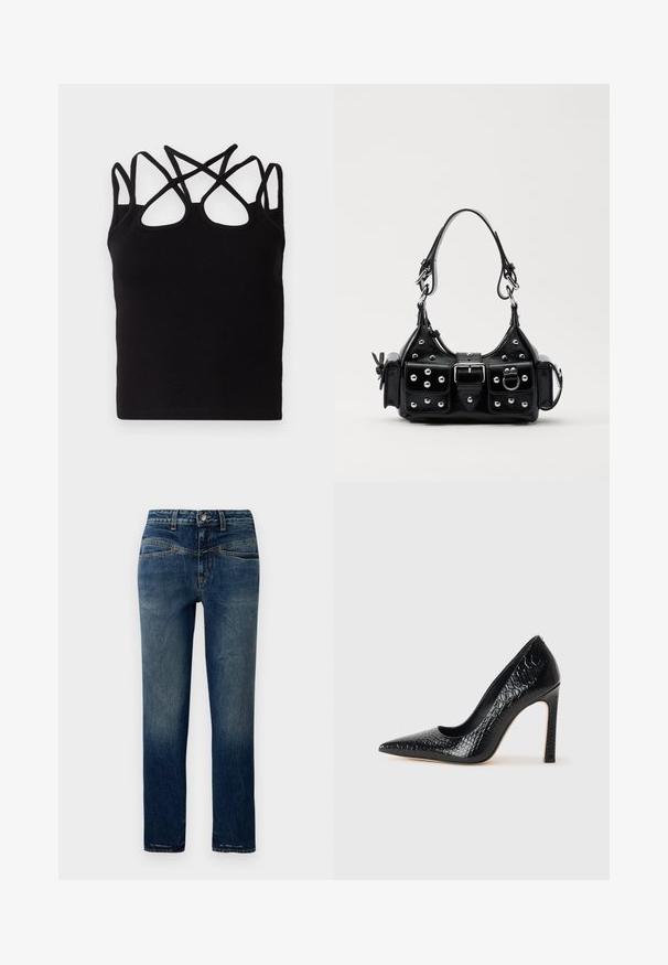Top nero a coste con molteplici bretelle incrociate sul retro. Il tessuto è liscio, con una silhouette aderente e un collo rotondo.; Jeans in denim blu scuro con taglio dritto, caratterizzati da leggera sfumatura, cuciture arancioni e chiusura con bottone in vita.; Scarpa nera con punta a punta alta in pelle di coccodrillo, caratterizzata da un design elegante, alto tacco a spillo e interno nero liscio.; Borsa a mano in pelle nera con design curvo, caratterizzata da borchie argentate, una fibbia e due tasche laterali. Tracolla regolabile per diverse opzioni di trasporto.