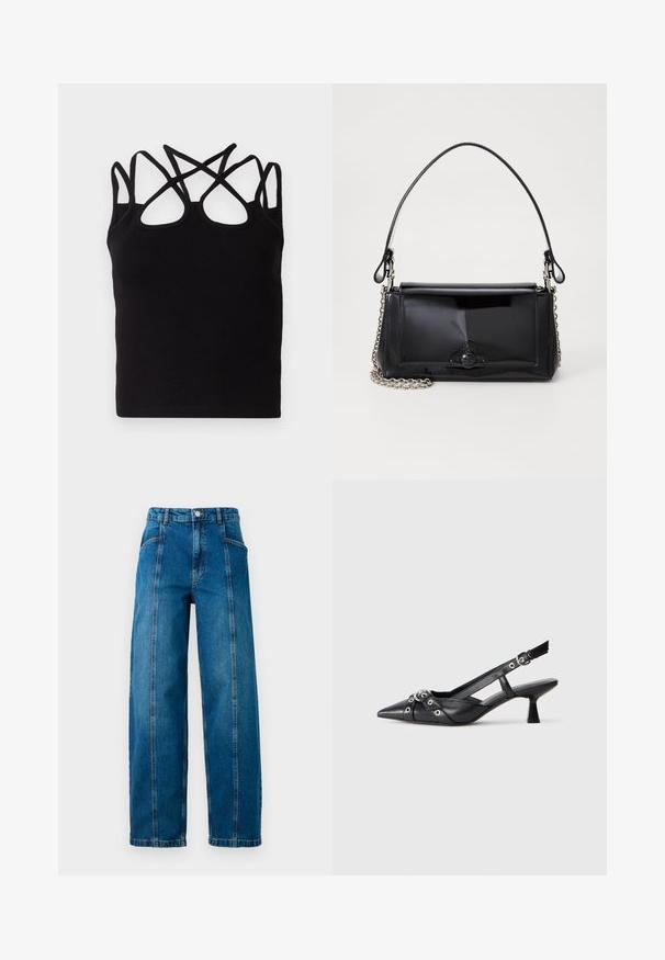 Must beebi mustriga top, millel on seljas mitmeid ristatud rihmasid. Kanga pind on sile, keha külge järgnev ja ümmargune kaelus.; Kõrge vöökohaga sinised denimpüksid laia jalaga, ees vertikaalsed õmblused, küljetaskud, vöökohalööbid ja nööbiga sulgur.; Must must have must toote tõmblukuga, dekoratiivsed rihmad metallist silmadega ja madal blokk-kand. Tekstureeritud pind.; Mustmust mustkott mustmust mustkott, millel on ristkülikukujuline kuju, kettstrap ja silmapaistev viimistlusaktsent keskel. Sile tekstuur.