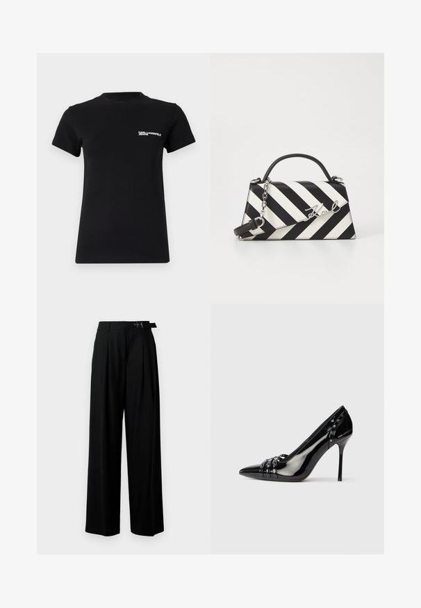 Fekete pamut póló; rövid ujjakkal, kerek nyakkivágással és fehér logóval a bal mell részen. Simább textúrájú.; Fekete, bő szárú nadrág magas derékkal, elöl pliszírozva, és csattal ellátott övvel. Simább, könnyű anyagból készült.; Fekete patentbőr stiletto sarkú cipő hegyes orral, három díszítő pánttal, rajta tüskékkel, és a sarkán "Karl Lagerfeld" felirattal.; Fekete-fehér csíkos kézitáska, strukturált formával, felső fogantyúval, leválasztható lánc pánttal és fémes logóval.
