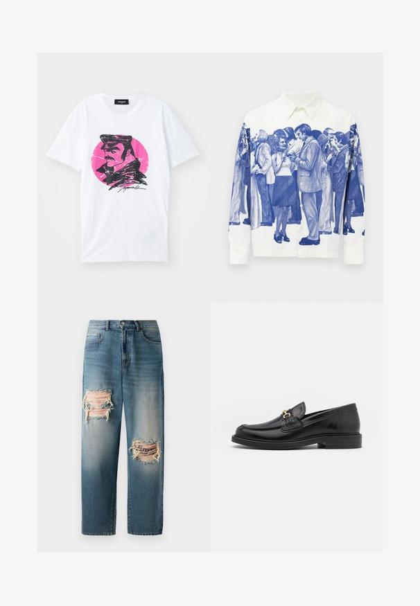 Balta kokvilnas T-kreklu ar melnu grafisku ilustrāciju, kas attēlo vīrieti cepurē uz rozā apļa fona ar nolietota efekta.; Balta pogā pielāgota krekls, uz kura ir izdrukāta zila vintage stila cilvēku masa, kas socializējas un tur dzērienus.; Gaišzilās džinsu bikses ar brīvu piegriezumu, kurām priekšā ir divi nolietoti plankumi ar saplēstām malām un izbalējušām krāsām.; Melnas ādas loafers ar noapaļotu degunu, ar zelta aparatūras akcentu un šuvju detaļām, uz zemas, teksturētas gumijas zoles.