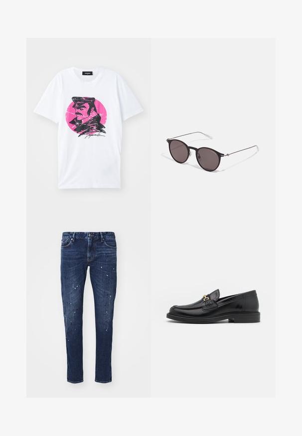 Hvid bomulds T-shirt med en sort grafisk illustration af en mand med kasket mod en lyserød cirkulær baggrund med en slidt effekt.; Mørkeblå denimjeans med slim fit, der har malerpletter, synlige syninger og standard fem-lommer design. Lige ben.; Sorte læder loafers med en rund tå, der har guld hardware accent og syningsdetaljer, placeret på en lav, tekstureret gummisål.; Sorte runde solbriller med mørke linser og slanke metalarme. Inkluderer klare tempeltips og sølvdetaljer ved hængslet. Minimalistisk design.