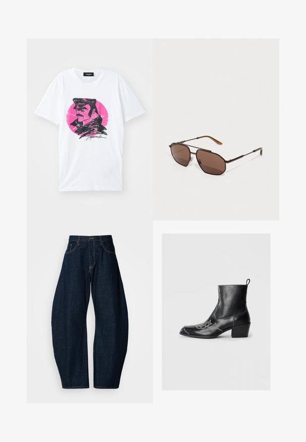 White cotton T-shirt featuring a black graphic illustration of a man in a cap against a pink circular background with a distressed effect.; Dark blue denim jeans with a wide-leg design, featuring prominent stitching, five pockets, and a brass button closure at the waistband.; Black leather ankle boots with a square toe, decorative stitching, and a low block heel. Features a pull tab for easy wear.; Brown octagonal sunglasses with a thin black metal frame, accented by brown temples. Dark tinted lenses provide UV protection.