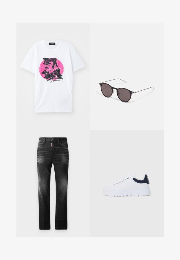 Weißes Baumwoll-T-Shirt mit einer schwarzen grafischen Illustration eines Mannes in einer Mütze vor einem pinkfarbenen, kreisförmigen Hintergrund mit einem strukturierten Effekt.; Schwarze Jeans aus Denim mit geradem Schnitt. Verfügt über ausgebleichte Bereiche, leichte Abnutzung, klassisches Fünf-Taschen-Design und einen Knopfverschluss.; Weiße Sneakers mit marineblauen Akzenten, ausgestattet mit einer glatten Oberfläche, runder Zehenpartie und erhöhtem Sohlenprofil, versehen mit einem Logo an der Seite.; Schwarze runde Sonnenbrille mit dunklen Gläsern und schlanken Metallbügeln. Enthält klare Tempelspitzen und silberne Akzente am Scharnier. Minimalistisches Design.