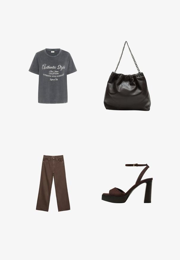 Kaffe VIA - T-Shirt print - black acid wash w chalk aop; Weite braune Jeans aus Denim, mit hoher Taille, Fronttaschen und klassischem Knopfverschluss. Glatte Textur mit feinen Nähten.; Braune Wildleder-Pumps mit offenem Zeh, verstellbarem Knöchelriemen und gestreiftem Plateausohlen.; Braune Lederhandtasche mit gerafftem Oberteil und Kettenriemen. Glatte Textur mit glänzendem Finish und subtilen Nahtdetails an den Seiten.