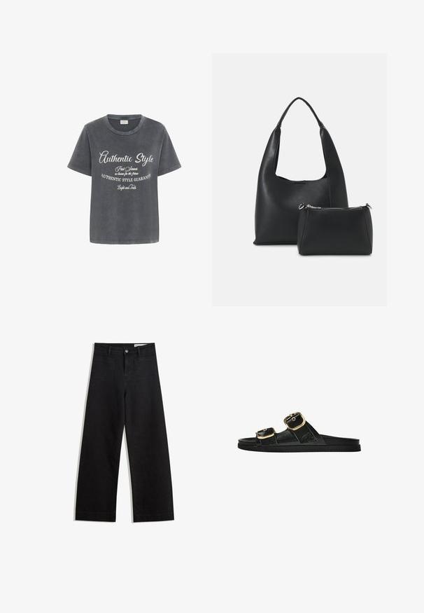 Kaffe VIA - T-shirt print - black acid wash w chalk aop; Zwarte denim broek met wijde pijpen en een hoge taille, voorzien van voor- en achterzakken, gestikte naden en een knoopsluiting. Gladde textuur.; Zwarte slipper met twee gouden gesps, gladde textuur, platte zool en een minimalistisch ontwerp.; Even&Odd Handtas - black