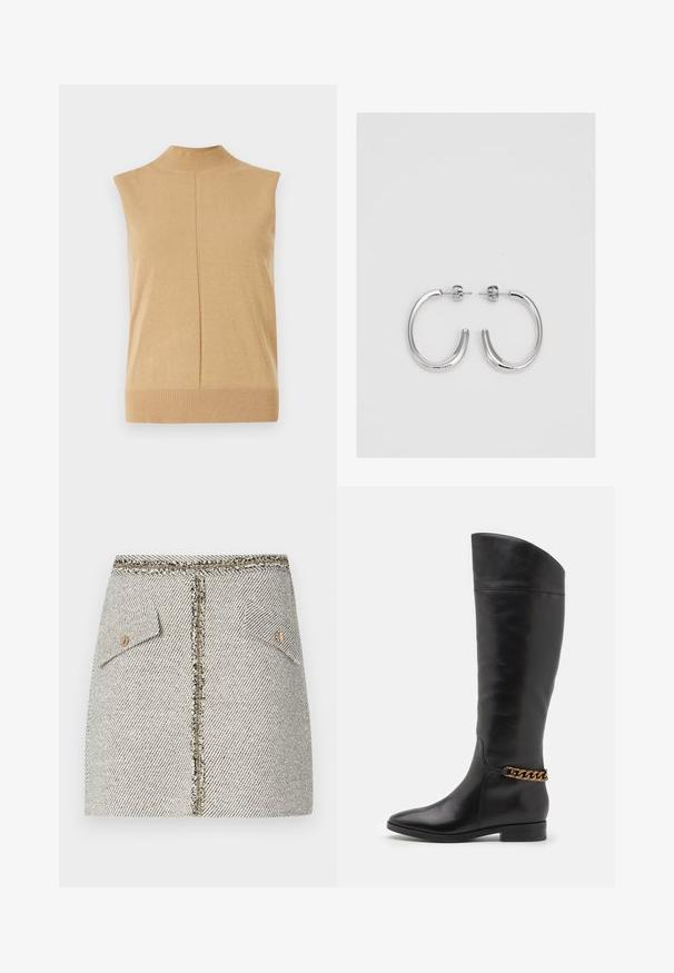 Ujjatlan, magas nyakú felső puha bézs kötött anyagból, bordás aljjal és középső varrással a részletgazdagság érdekében.; Szőtt tweed szoknya fehér és fekete halászmintával, két elülső zsebbel és aranyszínű cipzárral a hátsó részén, szakadt szélekkel.; Magas fekete bőrcsizma áramvonalas dizájnnal, hegyes orral és arany lánc díszítéssel a bokán. Alacsony, tömbsarkú. Sima felület.; Ezüst karika fülbevalók sima, fényes felülettel, ívelt formával és postazáras zárral. Minimalista, modern kivitel.