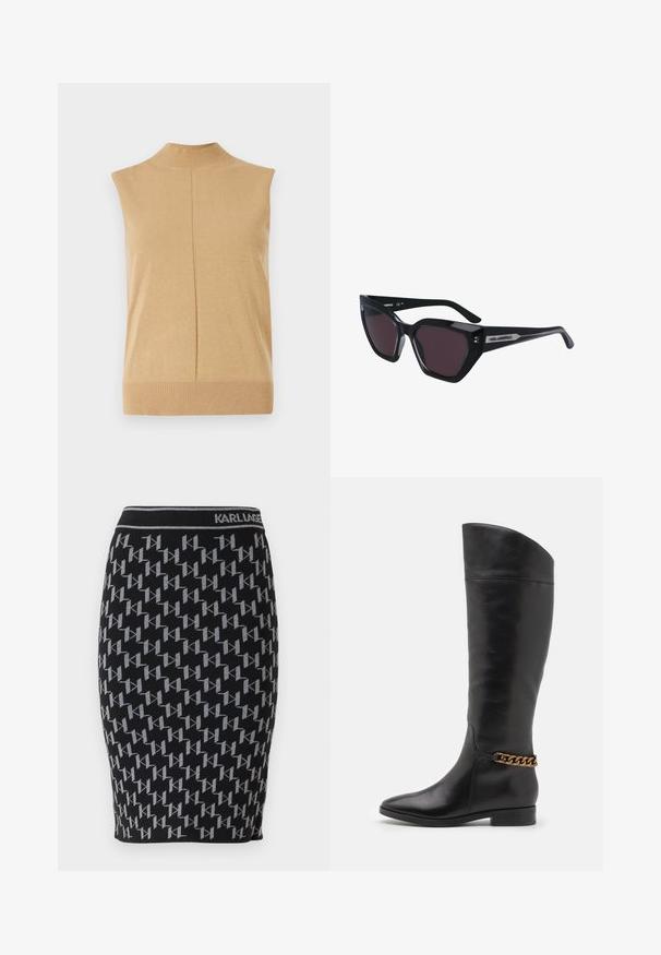 Bez rękawów, top o wysokim dekolcie w miękkim beżowym dzianinowym materiale, z prążkowanym dołem i szwem centralnym dla dodatkowego akcentu.; Czarna dzianinowa spódnica ołówkowa z powtarzającym się szarym wzorem logo "KL" oraz czarnym pasem w talii z nazwą marki "KARL LAGERFELD."; Wysokie czarne skórzane botki o eleganckim designie, ze spiczastym noskiem i złotym łańcuszkiem na kostce. Niski blokowy obcas. Gładka tekstura.; Czarne okulary przeciwsłoneczne w kocim kształcie, z ciemnymi soczewkami, błyszczącym wykończeniem oraz subtelnymi akcentami logo na zausznikach.
