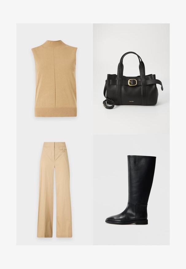 Top fără mâneci, cu guler înalt, dintr-un material tricotat moale de culoare bej deschis, având un tiv cu nervuri și o cusătură centrală pentru un detaliu suplimentar.; Pantaloni bej cu croi larg, dintr-un amestec de bumbac. Au o textură netedă, talie elastică și un detaliu cu buton lateral.; Cizmă neagră din piele până la genunchi, cu vârf rotund, textură netedă, design minimalist și talpă plată. Detalii simple de cusătură pe tijă.; Geantă de mână din piele neagră, cu un design structurat, mânere superioare duale, accent cu cataramă aurie și logo-ul brandului embosat în față.