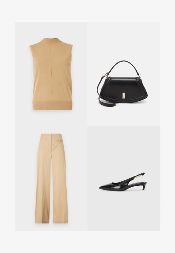 Hihaton, korkeakauluksinen paita pehmeästä beigeistä neuloksesta, jossa on ribbaushelma ja keskisauma lisäyksinä.; Hiekanväriset leveälahkeiset housut, jotka on valmistettu puuvillasekoituksesta. Niissä on sileä pinta, joustava vyötärö ja sivunappidetail.; Mustat nahkaiset slingback-korkokengät, joissa on terävä kärki, ohuet korot ja kultasävytteinen yksityiskohta säädettävässä hihnassa. Silkkinen pinta.; Mustalla nahkalaukulla, jossa on jämäkkä muotoilu, lyhyt malli, yläkahva ja kultaiset yksityiskohdat. Säädettävä olkahihna sisältyy.