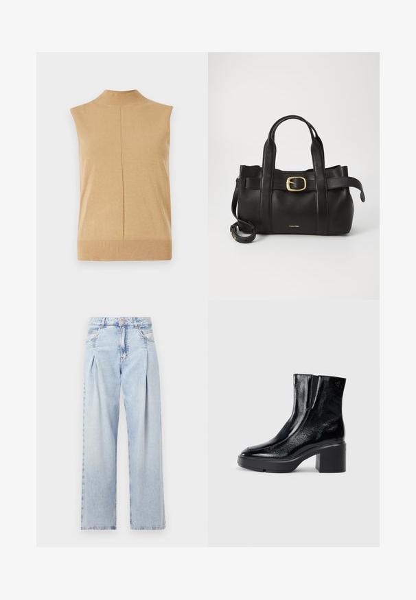 Ujjatlan, magas nyakú felső puha bézs kötött anyagból, bordás aljjal és középső varrással a részletgazdagság érdekében.; Világoskék farmernadrág magas derekú, bő szabású, két oldalsó zsebbel és pliszírozott dizájnnal. Puha tapintású, elhalványított felület.; Fekete lakkbőr bokacsizma ívelt orral, elasztikus oldalpanelek és vastag blokk sarkal. A hátsó részen dombornyomott logó található.; Fekete bőr kézitáska, amely strukturált kialakítással rendelkezik, dupla felső fogantyúval, arany tónusú csattal és a márka dombornyomott logójával az elején.