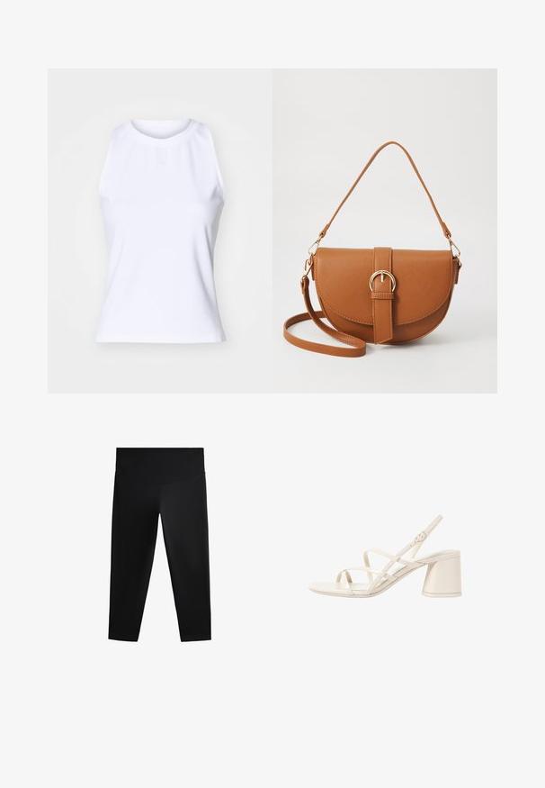 Canotta bianca senza maniche realizzata in morbido tessuto misto cotone. Presenta un collo rotondo e un sobrio ricamo del logo al centro davanti.; Leggings capri neri realizzati in tessuto elasticizzato, con vita alta e una superficie liscia. Nessun motivo visibile o decorazioni.; Sandali con tacco beige con sottili cinturini incrociati, punta aperta e tacco quadrato a blocco. Finitura in vernice liscia, cinturino alla caviglia regolabile.; Borsa a tracolla in pelle marrone con forma curvata, hardware dorato e un dettaglio con fibbia. Presenta una tracolla rimovibile.
