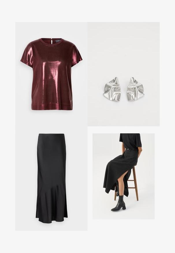 Top a maniche corte in un tessuto metallizzato bordeaux profondo, con scollatura rotonda e apertura a chiave sul retro. Accento del logo discreto sull'orlo.; Gonna midi nera in satin con un design elegante, caratterizzata da un leggero svaso all'orlo e uno spacco laterale per facilitare i movimenti. Texture liscia.; Gonna maxi in lino nera con uno spacco alto, indossata con una t-shirt nera e stivaletti neri. Design minimalista con una vestibilità rilassata.; Orecchini in metallo argento con un design ondulato e scultoreo, caratterizzati da una finitura lucida e forme irregolari, che evidenziano un'estetica contemporanea.