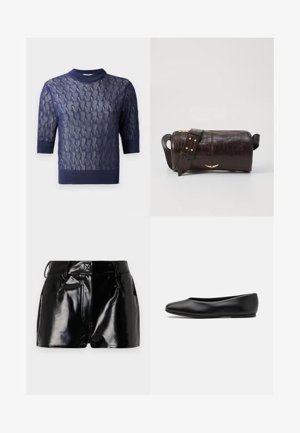 Temno modra pletena majica, kratki rokavi, z teksturiranim odprtim tkanjem in rebrastim ovratnikom ter robom. Lahka in zračna zasnova.; Črne, sijoče kratke hlače iz sintetičnega materiala. Imajo prilegajoč pas, zanke za pas in sprednje žepe z izrazitimi šivi.; Paul Smith TOPANGA - Balerinke - black; Brah blaženka iz rjavega usnja z embosiranim krokodilom, cilindrične oblike, zlatih kovinskih elementov in odstranljivim pasom, ki vsebuje žebljičke.