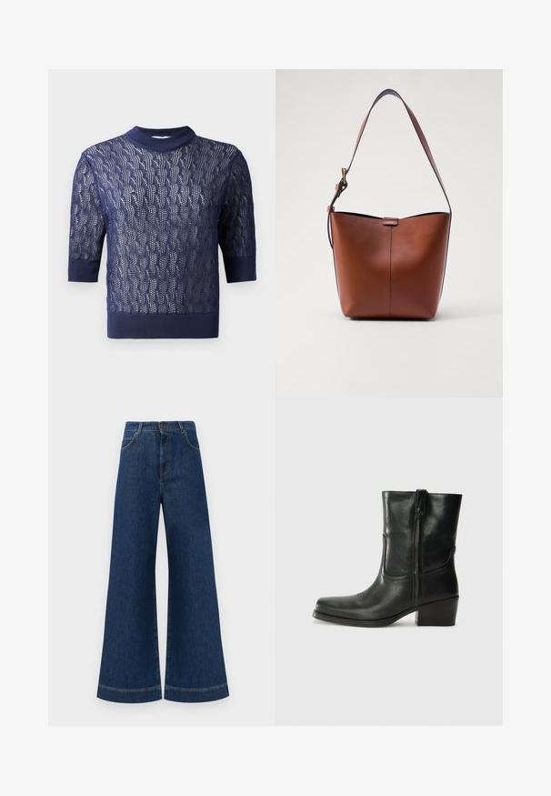 Tamsiai mėlynas megztinis, trumpomis rankovėmis, su tekstūruotu atviru audiniu ir įaudusiu apykaklės bei apačios kraštu. Lengvas ir kvėpuojantis dizainas.; Plati mėlynos džinsinės kelnės su aukštu liemeniu, turinčios mygtukų užsegimą, diržo kilpas ir subtilius siuvinėjimo akcentus ant kišenių bei apdailos.; Juodi odiniai aulinukai iki kulkšnies su apvali nosimi, blokuotais kulnais, šonine užtrauktuku ir siuvimo akcentais ant viršutinės dalies. Lygi tekstūra, klasikinis dizainas.; Ruda odinė petinė rankinė su kreivam formu, lygia tekstūra ir viena plona juosta. Yra švelni siūlė ir mažas logotipo elementas.