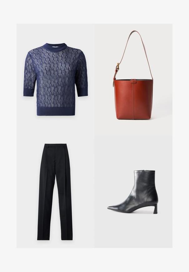 Marinblå, stickad tröja med korta ärmar, med ett strukturerat, öppet vävmönster samt ribbad krage och nederkant. Lätt och luftig design.; Svarta byxor i mjukt tyg med hög midja, vida ben, framfickor och klassiska bältesöglor. Inga sidofickor synliga.; Svart läder ankelboot med spetsig tå och en smidig design. Har en låg klack och en dragkedjestängning bak. Slät textur.; Brun läderhinkväska med justerbar axelrem och guldtonad spänne, enkel vertikal sömdetalj på framsidan.
