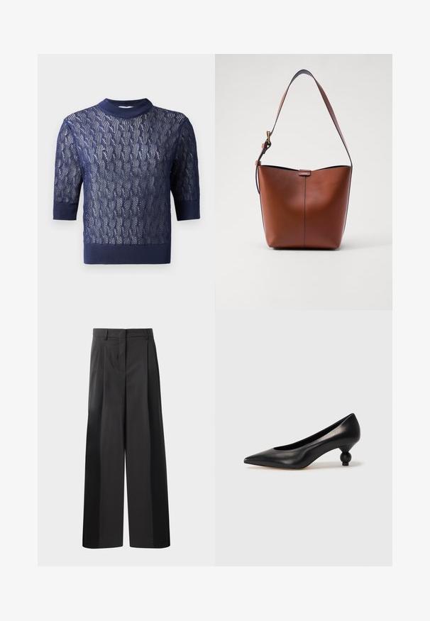 Tamsiai mėlynas megztinis, trumpomis rankovėmis, su tekstūruotu atviru audiniu ir įaudusiu apykaklės bei apačios kraštu. Lengvas ir kvėpuojantis dizainas.; Juodos plačios kelnės su aukštu liemeniu, su priekinėmis raukšlėmis, glotnia tekstūra ir pritaikytu apdailos stiliumi. Sukurtos laisvam sėdėjimui.; Juoda odinė aukštakulnė bateliai su smailiu pirštu ir apvaliu, iškiliu kulnu. Lygus paviršius su elegantišku, minimalistiniu dizainu.; Ruda odinė petinė rankinė su kreivam formu, lygia tekstūra ir viena plona juosta. Yra švelni siūlė ir mažas logotipo elementas.