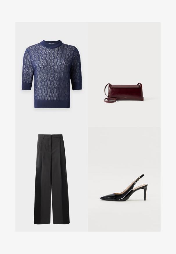 Temno modra pletena majica, kratki rokavi, z teksturiranim odprtim tkanjem in rebrastim ovratnikom ter robom. Lahka in zračna zasnova.; Črne široke hlače z visokim pasom, z oblikovanimi pregibi spredaj, gladko teksturo in natančno dodelavo. Oblikovane za sproščen fit.; Črne lakirane slingback čevlje z izostrenim nosom, ozkim peto in subtilnim izrezom. Na traku je zlata sponka.; Burgundska usnjena torba čez ramo s gladko teksturo, pravokotno obliko, zapiranjem na pokrovček in tankim nastavljivim trakom. Vidna zlata logotipna podrobnost.