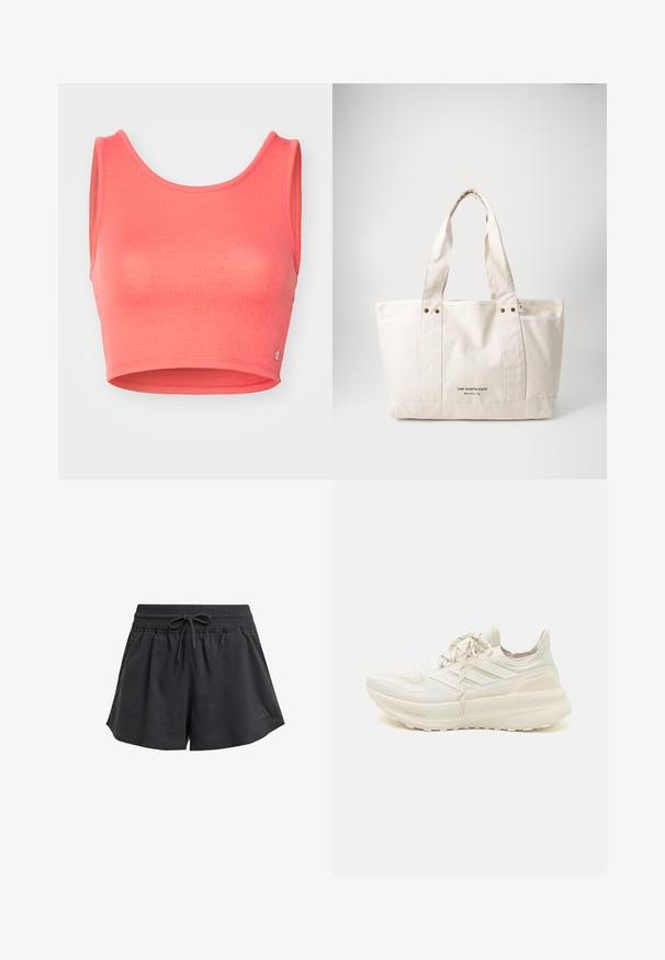 Top cropped rosa hecho de tela texturizada. Presenta un escote redondo y sisas anchas, con un pequeño logotipo en el dobladillo.; Pantalones cortos deportivos negros con una cinturilla elástica, cordón interno y aberturas laterales. Fabricados con una tela suave y liviana.; Zapatilla deportiva blanca con un upper texturizado, diseño de tres rayas, ligero acolchado y un acento en el talón de dos colores. Tecnología de suela ligera.; Bolsa de lona en un color beige claro con dos asas resistentes, ribete blanco en contraste y el logo "THE NORTH FACE" en negro en la parte frontal.