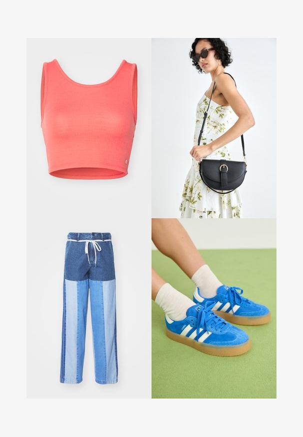 Raudzīgs rozā īsais topiņš, kas izgatavots no strukturētas auduma. Tam ir apaļa kakla izgriezuma forma un plašas rokas caurumi, kā arī neliels logotipa akcenti apakšmalā.; Zilā džinsa bikses ar pārlikuma dizainu, kas sastāv no dažādiem zilās krāsas toņiem, ar auklu jostu un brīvām, taisnām kājām.; Zilas zamšsneakers ar baltām apdare, gumijas zole, apaļā purngalā un auduma šņorēm. Saskaņoti ar krēmkrāsas zeķēm uz zaļas virsmas.; Melnas ādas rokassoma ar izliekta formu, noņemamu siksnu un zelta aksesuāriem. Somai ir vāciņš ar sprādzes detaļu.