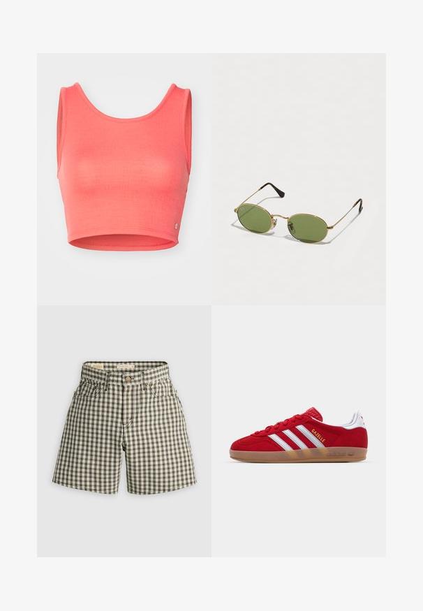 Roza skrajni top iz teksturirane tkanine. Ima okrogel izrez in široke armhole, z majhnim logotipom na robu.; Brašnaste in bele kratke hlače s karirastim vzorcem, z gumbom, dvema sprednjima žepoma in sproščenim fitom. Narejene so iz tkane tkanine z gladko teksturo.; Rdeči semišniki z belo tridoločeno zasnovo in zlatim besedilom "Gazelle". Imajo gumo podplat in texturiran petni del.; Ovalna sončna očala z zelenimi lečami, zlato kovinsko strukturo in temno rjavimi plastičnimi konicami. Lahka, z vidnim logotipom Ray-Ban na eni leči.