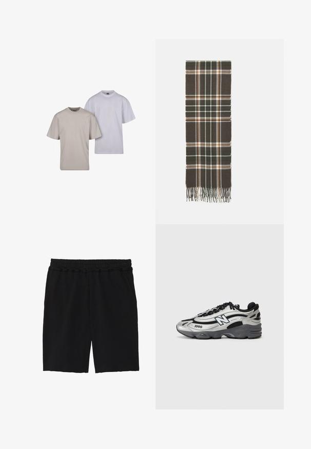 Dvě trička: jedno béžové a jedno bílé. Obě jsou vyrobená z bavlny, mají krátké rukávy a klasický kulatý výstřih.; Černé bavlněné šortky s elastickým pasem, dvěma bočními kapsami, volným střihem a nezpracovanými okraji na lemu pro uvolněný vzhled.; Stříbrné a černé sportovní boty s síťovanou vrstvou, polstrovanou podrážkou, šněrováním a detailem bočního značení.; Hnědý kostkovaný šátek se zelenými, bílými a oranžovými pruhy, zakončený třásněmi na obou koncích. Vyroben z měkkého textilního materiálu.