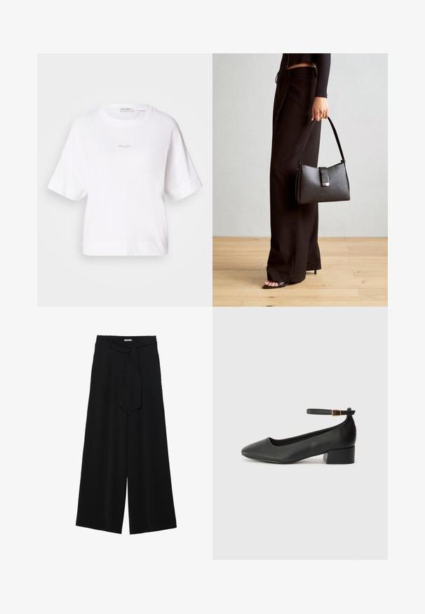 Valge ülepaisutatud t-särk, mis on valmistatud pehmest kangast, ümara kaelusega ja lühikeste varrukatega. Ees keskel on väike logo.; Mustad laiad püksid, millel on tekstureeritud kangas, elastne vöökoht ja eemaldatav pael vööst, et reguleerida sobivust.; Must mustaapp, millel on terav nina ja madal blokk-kand. Omab pahkluu rihma koos kuldse tooni pandlaga. Sile tekstuur.; Must musta kott, millel on struktureeritud kuju, sile tekstuur ja metallist klamber. Kombineeritud laiate mustade pükstega ja avatud varvaste sandaalidega puidust põrandal.